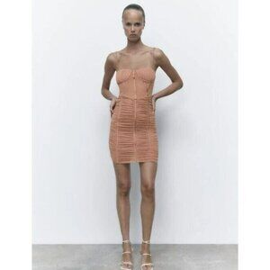 NWOT Zara dusty rose nude ruched tulle corset mini dress, XS